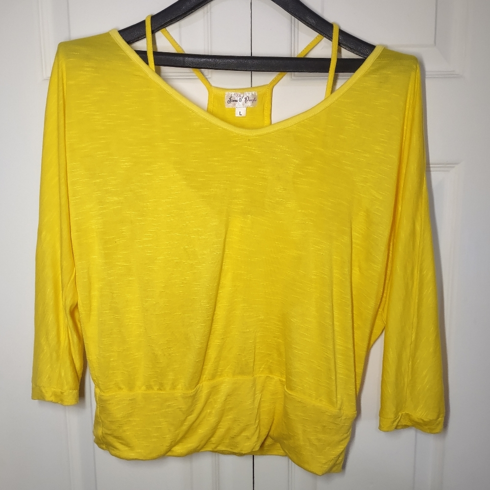 Fiona & Purple Top L Yellow 3/4 Sleeve Stretch Blouse Halter layer Off Shoulder